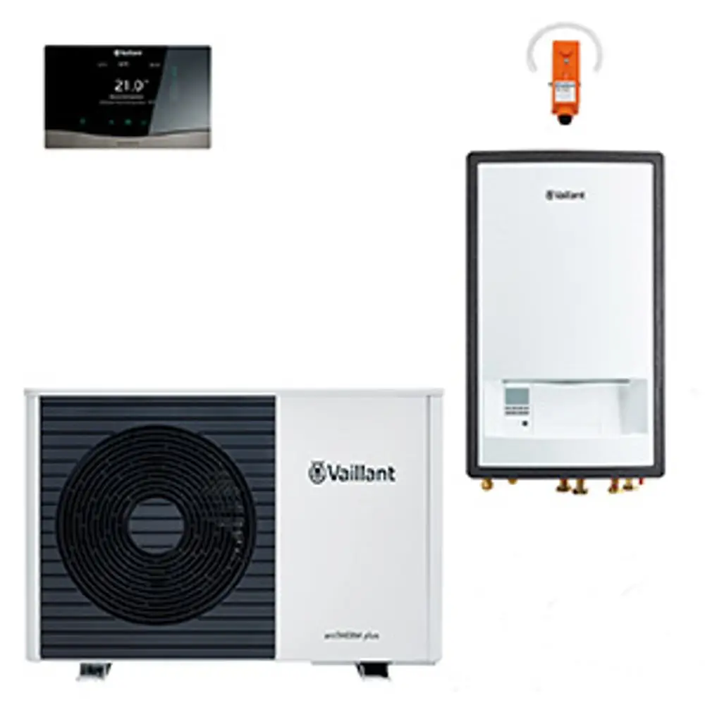 Vaillant-Wärmepumpe mit Außeneinheit, Inneneinheit und Steuergerät, zusammen auf einem weißen Hintergrund.